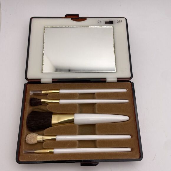 VTG Lucite Lighted Compact Mirror With Make Up Brush Set UK Design Hong Kong - Picture 1 of 5